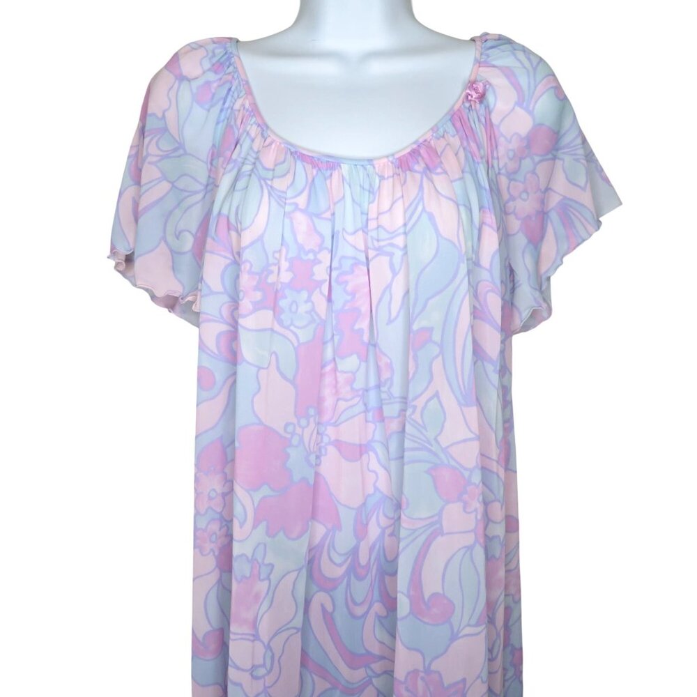 New Vintage 60s Miss Elaine Knee Length Nightgown M Pastel Floral Bell Sleeves